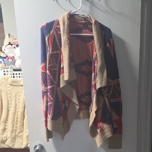 Self Esteem Geometric Pattern Cardigan in Blue and Tan